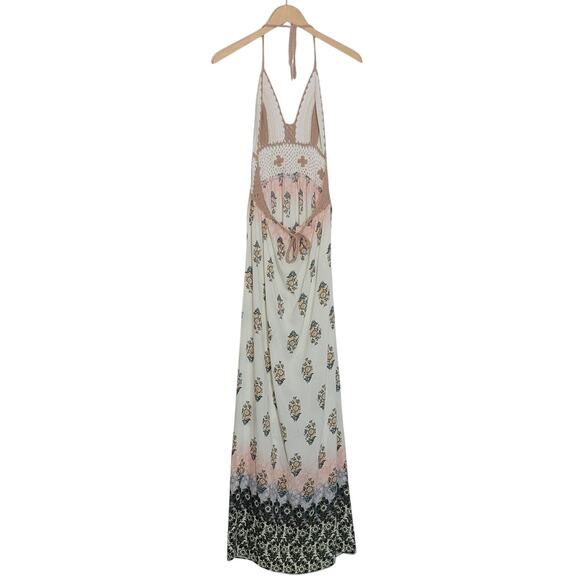 Floral Crochet Bohemian Maxi Dress Halter Top Open Back A Line White Blue Small - Picture 8 of 13
